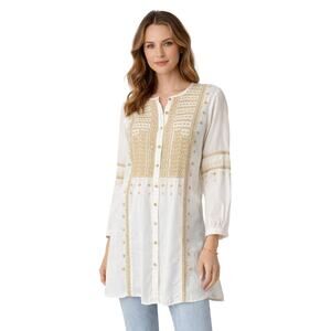 Johnny Was JW Embroidered Tunic Top XS Boho Cotton Ivory Gold Blouse